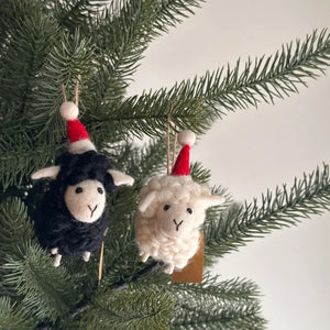 Ganapati Sheep with Santa Hat- White Felt Ornament