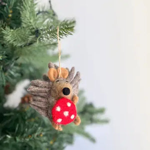 Ganapati Hedgehog w Mushroom - Gray Felt Ornament