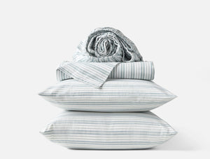 Coyuchi Standard Queen Pillowcase Set Pacific Blue Stripe Organic Crinkled Percale Sheet Set