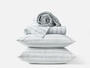 Coyuchi King Pacific Blue Stripe Organic Crinkled Percale Sheet Set