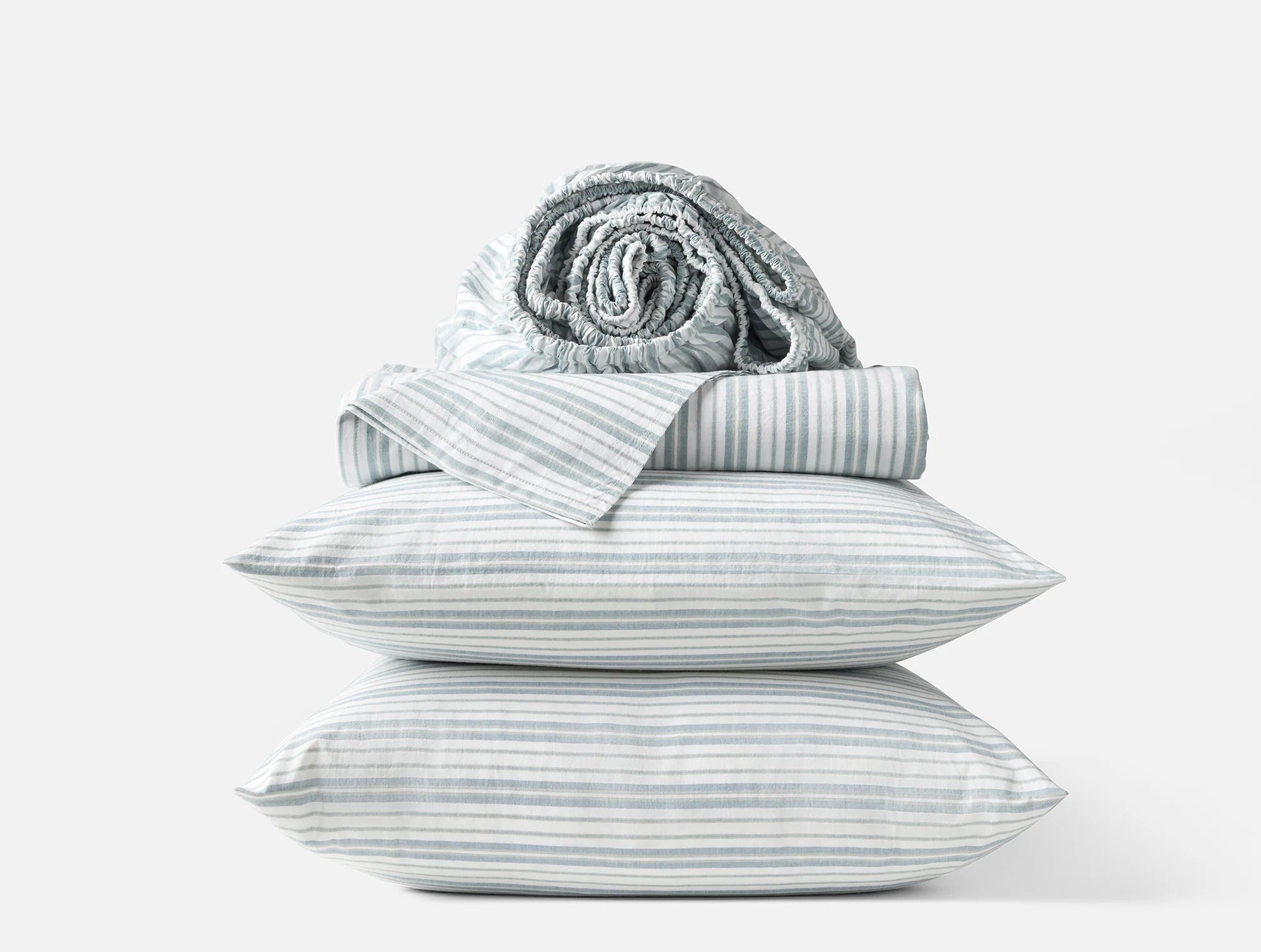 Coyuchi Queen Pacific Blue Stripe Organic Crinkled Percale Sheet Set
