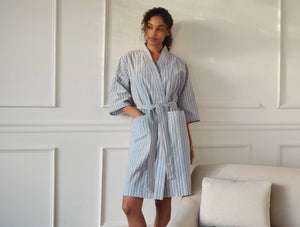 Coyuchi Medium Indigo Stripe Women’s Isla Organic Cotton Robe