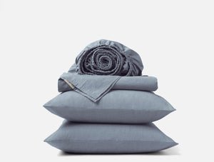 Coyuchi Queen Indigo Chambray Organic Crinkled Percale Sheet Set