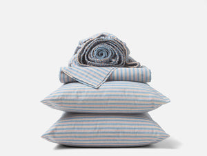 Coyuchi California King Indigo Stripe Organic Crinkled Percale Sheet Set