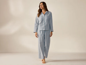 Coyuchi Large Indigo Stripe Women's Isla Organic Cotton Long Sleeve Pajama Set