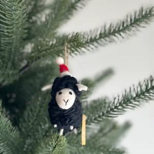 Ganapati Sheep with Santa Hat- Black Felt Ornament